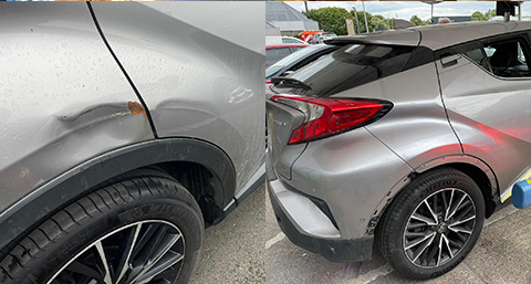 the before and after of a dent on a car's wheel arch